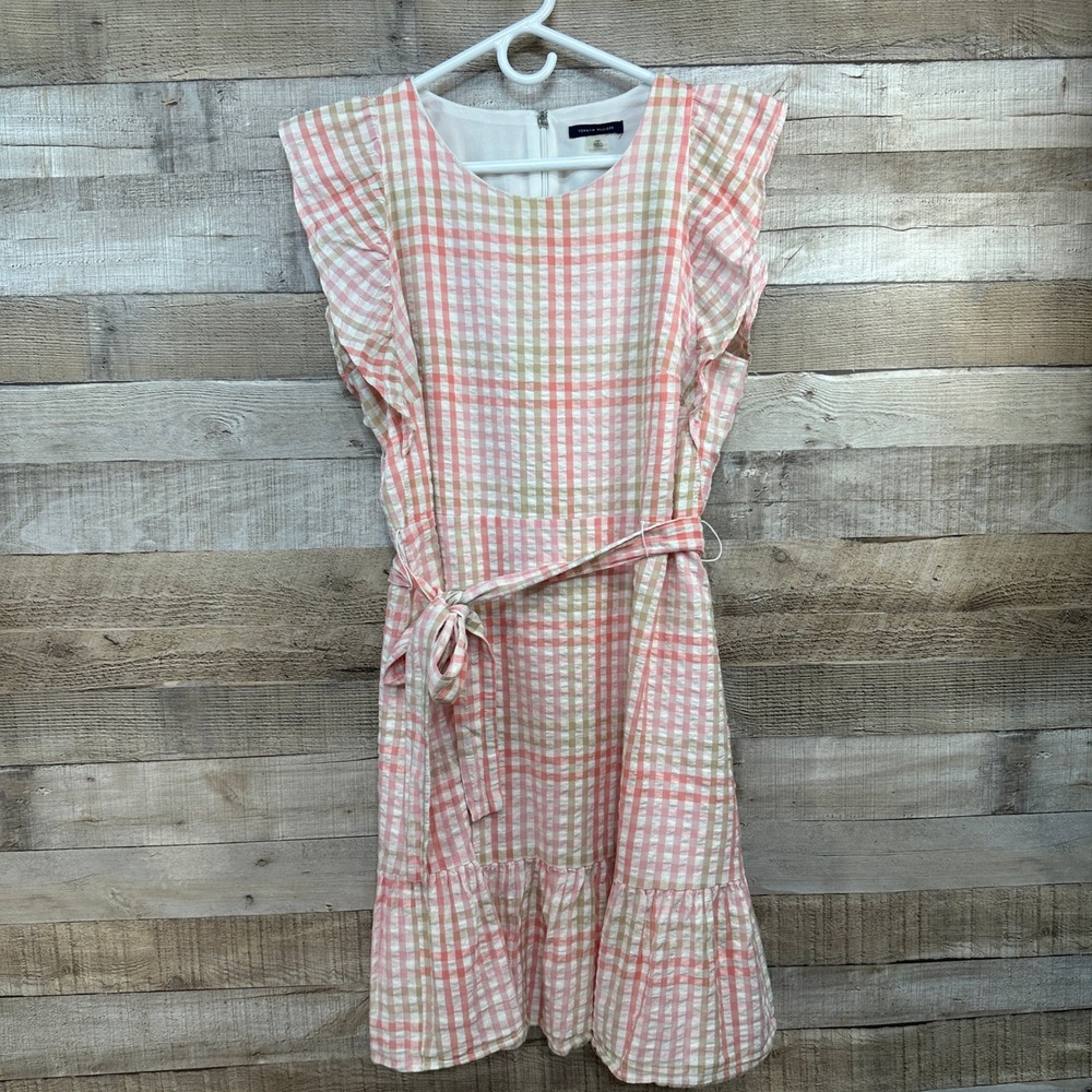 Tommy Hilfiger Pink Gingham Seersucker Ruffle Dress Womens 14 Plaid Belted Mini